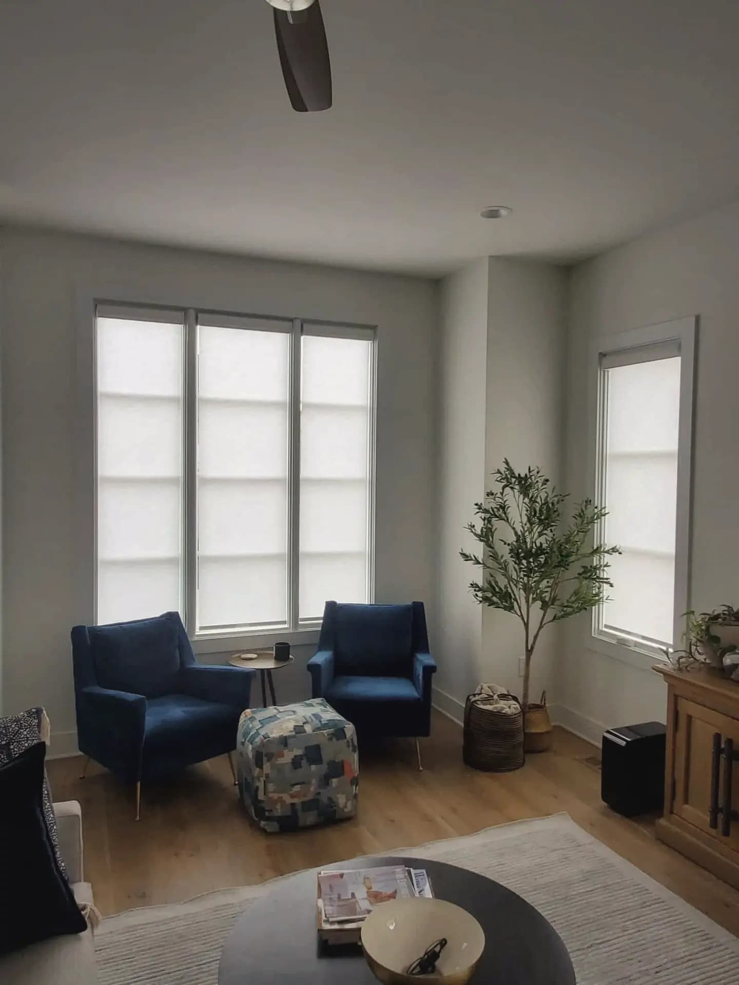 Cellular shades installed on tall living room windows