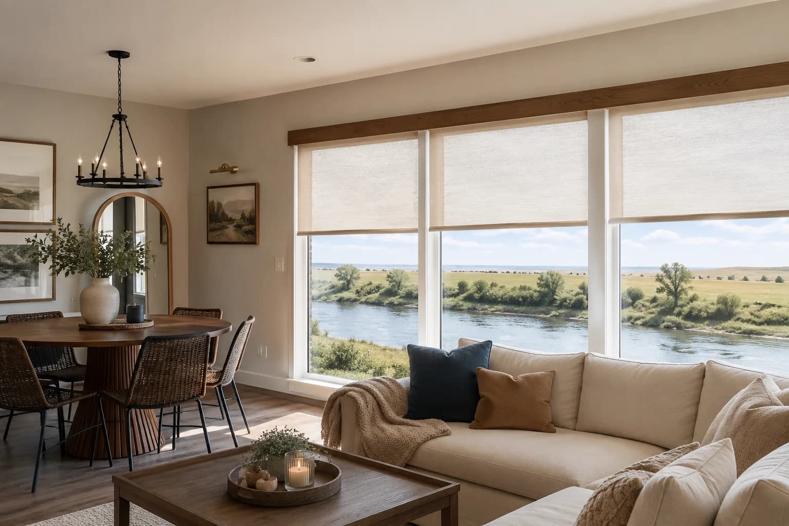 Roller shades installed in an open living and dining room with a river view