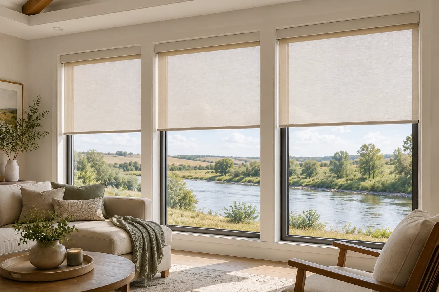 Custom roller shades in a bright Montana living room